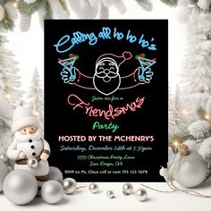 christmas party flyer with snowman and santa clause in front of white tree branches on black background