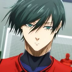 an anime character with green hair and blue eyes in front of a red shirt, looking at the camera