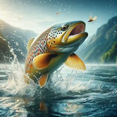 a large brown fish jumping out of the water to catch a fly in it's mouth