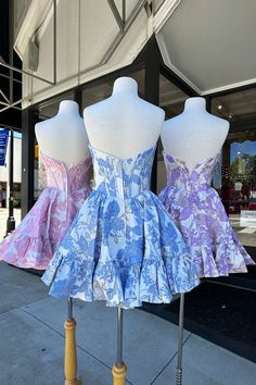 Blue A Line Strapless Printed Homecoming Dresses Summer Homecoming Strapless Backless Dress, Strapless Backless Dress For Summer Homecoming, Blue Fitted A-line Strapless Dress, Spring Homecoming Strapless Dress, Blue Strapless Backless Dress For Spring, Light Blue Fitted Backless Dress, Fitted Light Blue Backless Dress, Light Blue Backless Prom Dress, Blue Summer Dress With Sweetheart Neckline