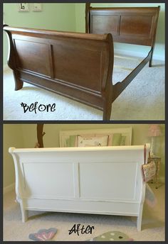 before and after photos of a bed frame