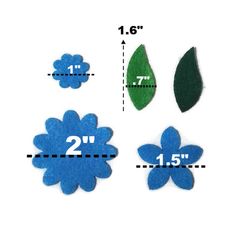 the measurements for felt flowers are shown in blue, green and white colors with one large flower on each side