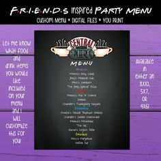 the menu for friends inside party menu is displayed on a purple wooden background with black and white lettering