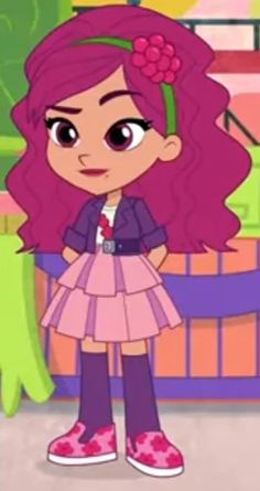 a cartoon girl with pink hair standing in front of a green monster and smiling at the camera