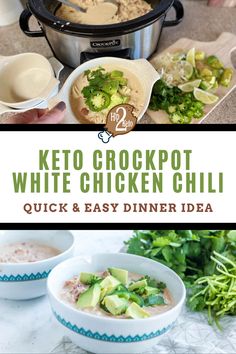 the recipe for keto crockpot white chicken chili is shown in this collage