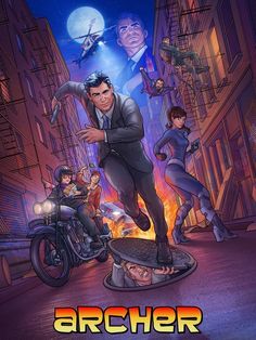 the poster for archer tv series, which features an image of two men on a motorcycle