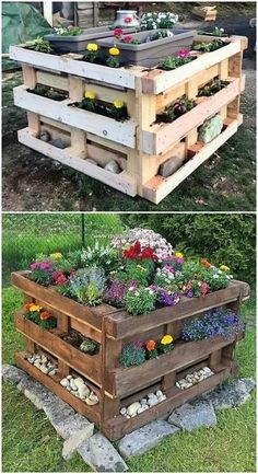 two different types of planters made out of pallets with flowers in the middle