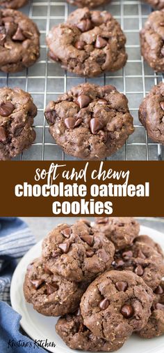 soft and chewy chocolate oatmeal cookies on a cooling rack with text overlay