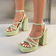 Material: Vegan Leather Pattern: Solid Color Available Colors: White, Pink, Black, Green, Yellow Suitable Season: Summer Heel Height: 5.11 inches (130 mm) Platform: 1.18 inches (30 mm) Toe Style: Square Toe Heel Style: Chunky Heel Style: Sandal Pumps Closure Type: Ankle Strap HandcraftedUS sizing. Fits true to size.Please note that measurements may vary by size. Green Chunky Platform Sandals With Round Toe, Green Platform Sandals With Ankle Strap, Green Ankle Strap Platform Sandals, Green Platform Heels With Ankle Strap, Green High Heel Sandals With Buckle Closure, Green Platform Sandals With Block Heel, Green Chunky Platform Heels With Closed Toe, Green Ankle Strap Heels With Buckle Closure, Green Synthetic Sandals With Chunky Platform