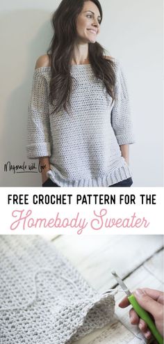 a crochet sweater with text overlay that says free crochet pattern for the homebaby sweater