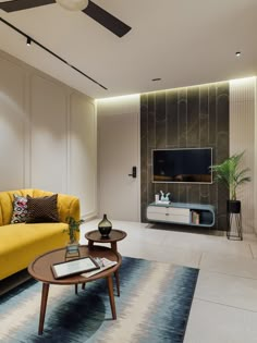 a living room filled with furniture and a flat screen tv mounted on a wall above a wooden coffee table