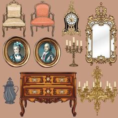 an assortment of antique furniture and mirrors