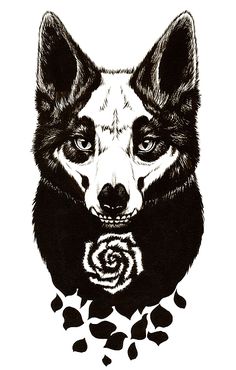 a black and white drawing of a dog's face with flowers around it, on a white background