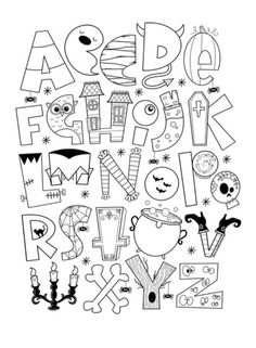 the alphabet is drawn in black and white, with lots of different things on it