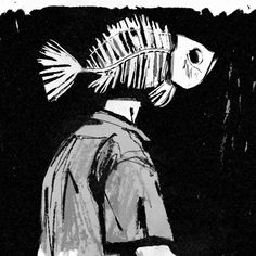 a black and white drawing of a person with a fish on his head looking at something