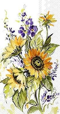 a bouquet of sunflowers and purple flowers on a white background