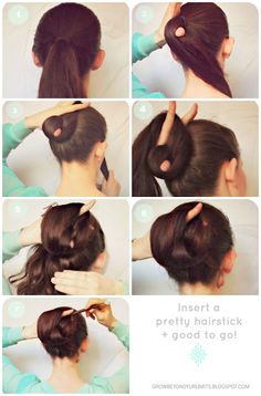 Flechtwerk -  The Chameleon Bun easy hair stick bun! up do elegant wedding hair style Bun With Stick, Hair Bun With Stick, How To Use Bun Stick, Hair Bun Using Stick, Hair Stick Tutorial Long Hair, Hairstick Hairstyles, How To Use Chopsticks, Bun Easy, Chopstick Hair