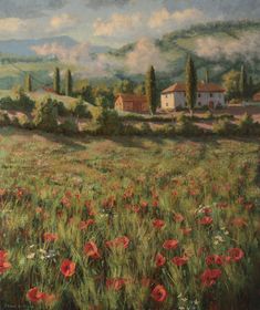 a painting of a field full of red flowers