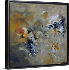 an abstract painting with blue, yellow and white colors on the canvas framed in black wood frame