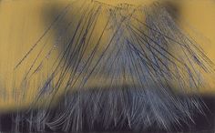 an abstract painting with blue and yellow streaks on it's surface, against a black background