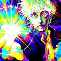 a painting of a person holding something in their hand with colored light coming out of it