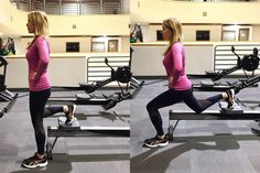 a woman is doing exercises on an exercise bench in the gym while another person watches