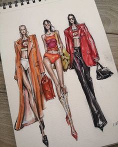 three women in swimsuits and jackets are depicted on a piece of white paper