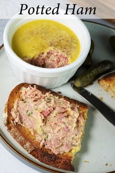 potted ham on toast, a ramekin and gherkins behind Ham Pate Recipe, Potted Meat Spread Recipes, Potted Meat Recipes, Ham Spread Recipe, Ham Spread, Ham Hock Recipes, Sandwich Spread Recipes, Dips And Spreads