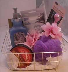 Nail Gift Basket, Bath Sponge, Lavender Soap, Soap Pump, Wire Basket, Wire Baskets, Gold Wire, Party Card, Gift Basket