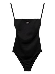 Prada triangle-logo open-back Swimsuit - Farfetch Prada Swimwear, Book Closet, Tuscany Style, Swimwear Black, Swimsuit Black, Yoko London, City Dress, Black Swimwear, Swimwear Brands