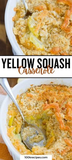 two pictures of yellow squash casserole in white bowls with spoons and napkin