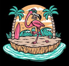 a flamingo standing on an island with palm trees