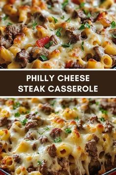 two images showing different types of cheese and meat casserole with the title above it