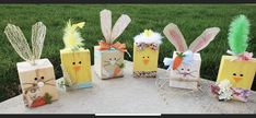 several small wooden boxes with bunny ears and carrots on them sitting in the grass