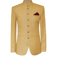 Self textured simple golden prince coat Traditional Formal Outerwear For Fall, Gold Double-breasted Elegant Blazer, Gold Elegant Double-breasted Blazer, Elegant Gold Double-breasted Blazer, Designer Gold Blazer For Formal Occasions, Luxury Gold Blazer For Formal Occasions, Elegant Gold Blazer For Festive Season, Elegant Gold Blazer For Festive Occasions, Elegant Gold Blazer For Semi-formal Occasions