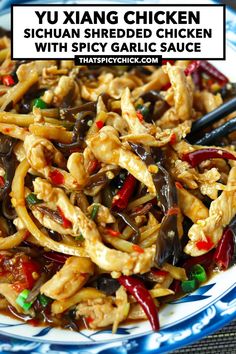 This Yu Xiang Chicken is a delicious Sichuan shredded chicken stir-fry in a hot and spicy garlic sauce. Tender shredded chicken, cloud ear mushrooms, bamboo shoots, plenty of garlic and chilies get tossed in a mouthwatering and addictive savory, sweet and tangy sauce! #yuxiangrousi #sichuanfood #stirfry #asianfood #chicken #dinner #spicy #garlicsauce #chinesefood | That Spicy Chick Chicken In Hot Garlic Sauce, Spicy Stir Fry Chicken, Shredded Chicken Sauce, Shaved Chicken Recipes, Chicken Stir Fry Recipes, Hot Garlic Sauce, Garlic Sauce For Chicken, Chinese Chicken Recipes