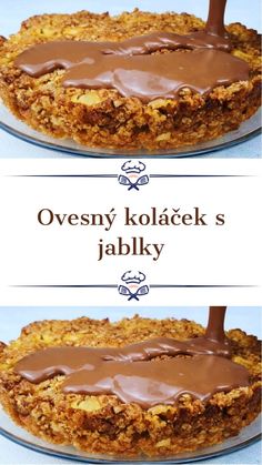 two pictures of a cake with chocolate frosting on top and the words oven kolacek's jablky below