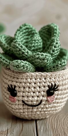 a small crocheted pot with a smiling face on it's side and a green cactus in the middle