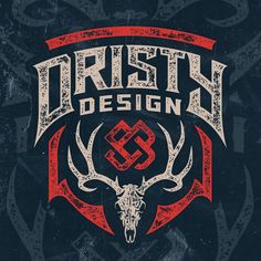 an old style logo with the words, gristy design and a deer's head