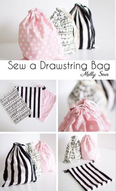 the instructions for how to sew a drawstring bag with stripes and polka dots