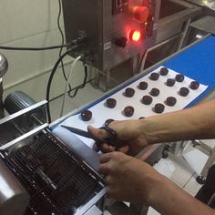 a person is cutting chocolates on a conveyor belt in a factory with red lights behind them