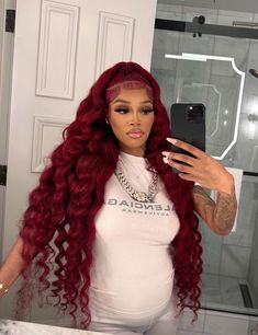 Red Weave Black Women, Middle Part With Wand Curls, Middle Part Wand Curls, Sew In Leave Out, Red Sew In, Red Weave, Hairstyle Inspo, Birthday Hair