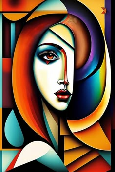 an abstract painting of a woman's face with red hair and blue eyes, on a black background