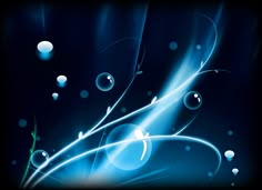 an abstract blue background with bubbles and swirls on it's side, in the dark