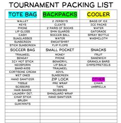 the tournament packing list is shown in green and purple, with text that reads tournament packing list tote bag backpacks cooler