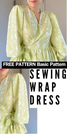 a woman wearing a green dress with white dots on it and the words free pattern basic pattern