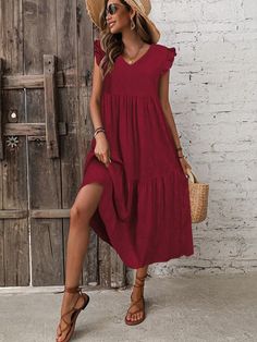 Women's Vacation Casual Solid Color Cap Sleeve Dress Burgundy Cute  Sleeveless Fabric Plain Smock Non-Stretch  Women Clothing, size features are:Bust: ,Length: ,Sleeve Length: Pu Leather Jacket, Capped Sleeve Dress, Vestido Casual, Kids Sleepwear, Womens Midi Dresses, Womens Fall, Maternity Bag, V Neck Dress, Leather Coat