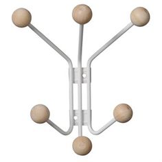 the light fixture is white and has five balls on it's arms, as well as four lights that are attached to each other