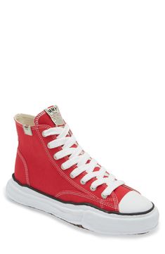 The Japanese designer expands the label's collection of out-of-the-box footwear with an essential high-top sneaker refreshed with branded labels and a wavy, gummy-textured bumper. Lace-up style Textile upper/textile and synthetic lining/synthetic sole Imported Designer Shoes Trendy Red High-top Sneakers With Vulcanized Sole, Maison Mihara Yasuhiro, Maison Mihara, Fall Wardrobe Essentials, High Top Sneaker, Sneaker Men, Sports Blazer, Baby Boy Shoes, Made Clothing