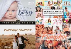 a collage of vintage sunset photos with the words summer tones and pumpkins on them